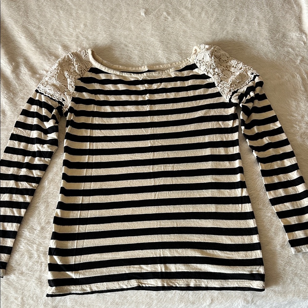 LOFT Black and White Striped Lace Shoulder Top